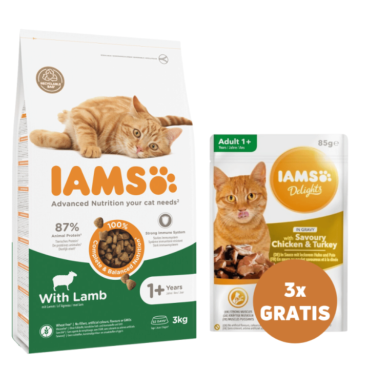 IAMS for Vitality mit Lamm für adulte Katzen 3 kg + 3 x Huhn und Truthahn in Soße 85 g GRATIS