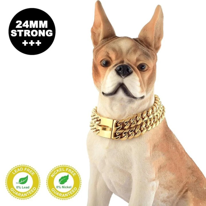 Zweireihiges Hundehalsband mit Kette, goldfarben, Edelstahl, Trainingshalsband für Haustiere, cooles Hundehalsband aus Metall