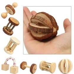 Niedliches Kaninchen-Rollspielzeug, natürliche Kiefernholzhanteln, Einradglocke, Kauspielzeug für Meerschweinchen, Ratten, kl