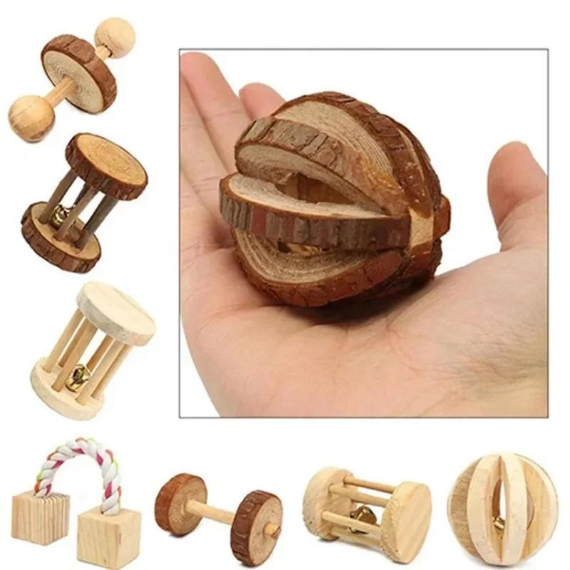 Niedliches Kaninchen-Rollspielzeug, natürliche Kiefernholzhanteln, Einradglocke, Kauspielzeug für Meerschweinchen, Ratten, kl