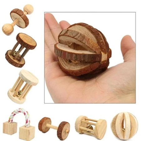 Niedliches Kaninchen-Rollspielzeug, natürliche Kiefernholzhanteln, Einradglocke, Kauspielzeug für Meerschweinchen, Ratten, kl