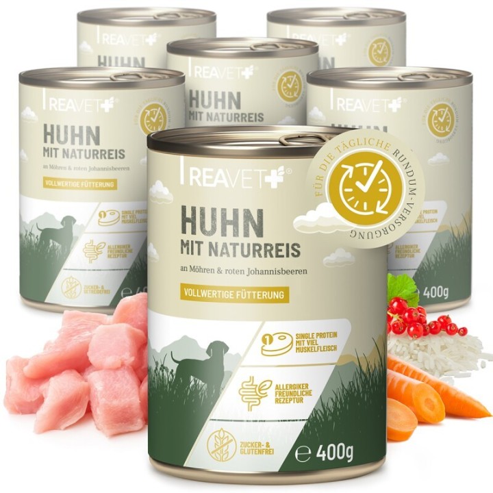 REAVET Hundenassfutter - Huhn mit Naturreis an Möhren & roten Johannisbeeren | 6 x 400g