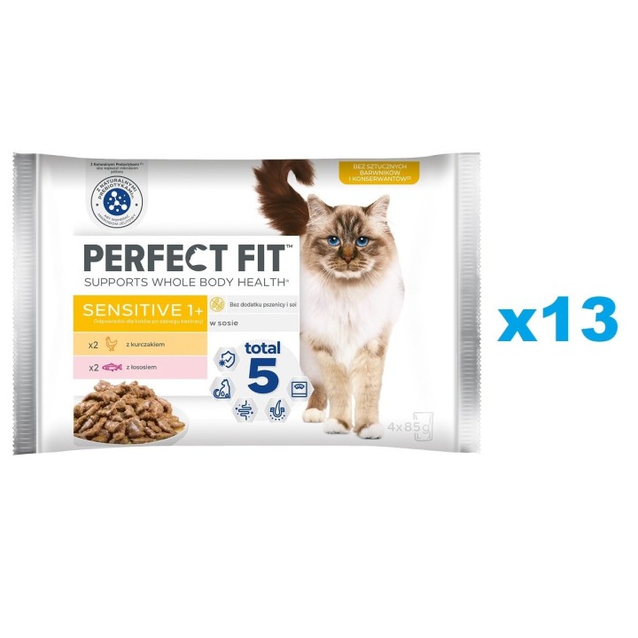 PERFECT FIT Sensitive 1+ 52x85 g : Nassfutter mit Huhn, Lachs für adulte Katzen in Soße