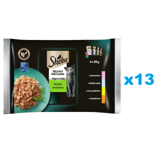SHEBA Delicacy Fine Flakes 52x85 g Nassfutter mit Lachs, Weißfisch, Huhn, Truthahn in Gelee für adulte Katzen