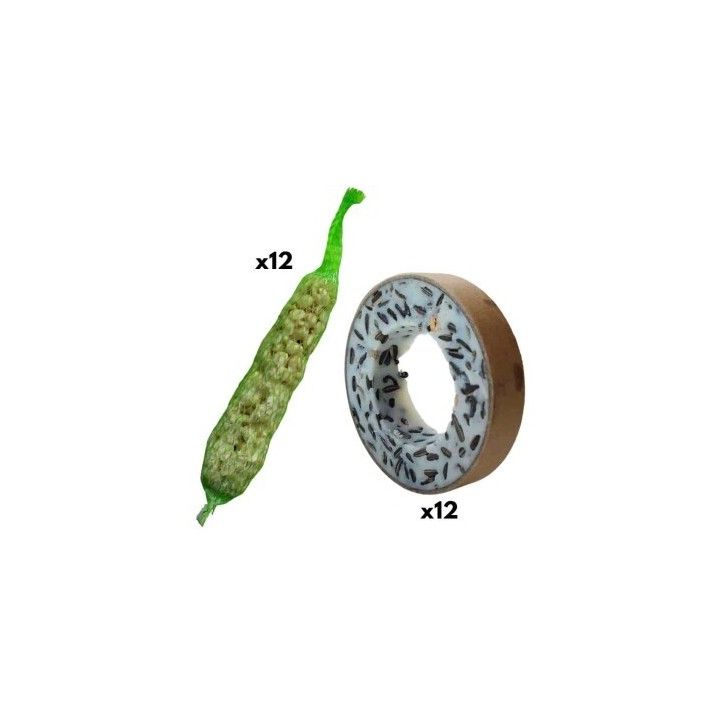 KLASEBO Vogelfutter, 12 Meisenringe + 12 Erdnussstangen für freilebende Vögel