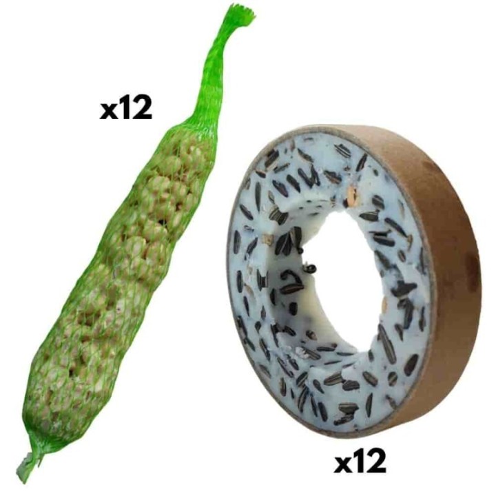 KLASEBO Vogelfutter, 12 Meisenringe + 12 Erdnussstangen für freilebende Vögel