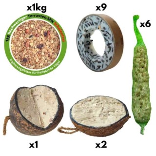 KLASEBO Vogelfutter, 1kg Terrassenmix + 9 Meisenringe + 6 Erdnussstangen + 1 Kokosnuss Klassik V-cut + 2 halbe Kokosnüsse Erd