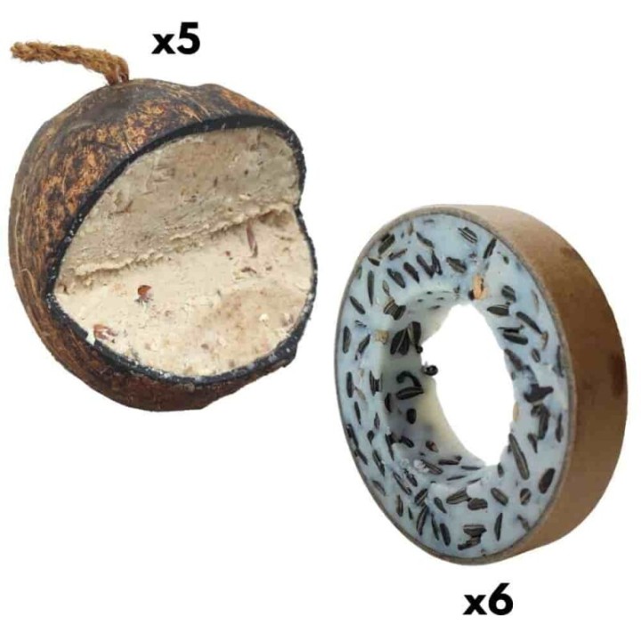 KLASEBO Vogelfutter, 6 Meisenringe + 5 Kokosnüsse Klassik V-cut für freilebende Vögel