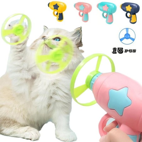 Neues interaktives Katzenspielzeug für Haustiere, Trainingsspielzeug für Katzen und Hunde, Launcher mit 15 Stück Flying Disc,