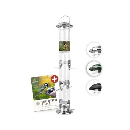 wildtier liebe Futtersäule für Samen, Körner & Kerne 52cm, Silber