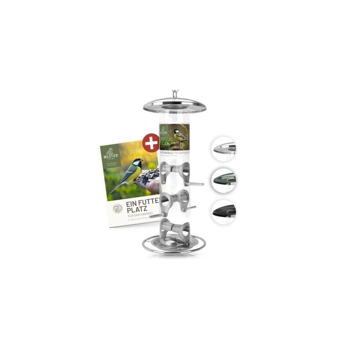 wildtier liebe Futtersäule für Samen, Körner & Kerne 35cm, Silber