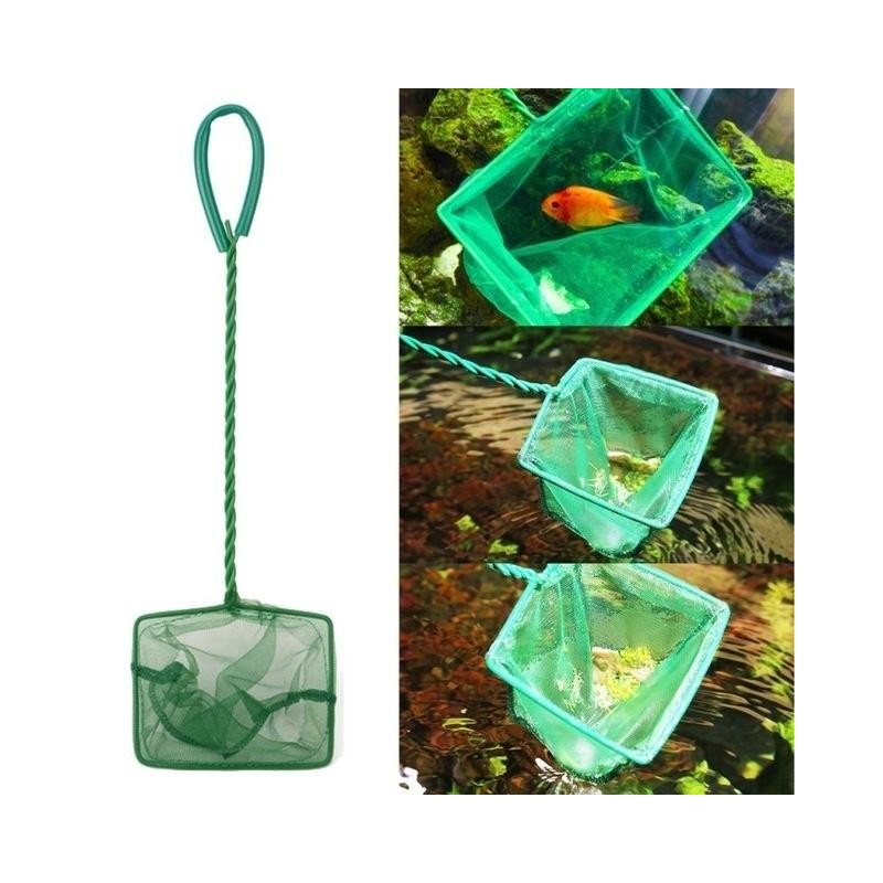 Grüner, tragbarer Kescher mit langem Griff, quadratisch, für Aquarium, Fischtank, Kescher für schwimmende Fische 3 inch
