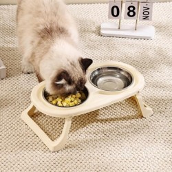 Katzenfutter- und Wassernapf aus Edelstahl mit erhöhtem, klappbarem Ständer Folding high-foot double bowl elfenbein