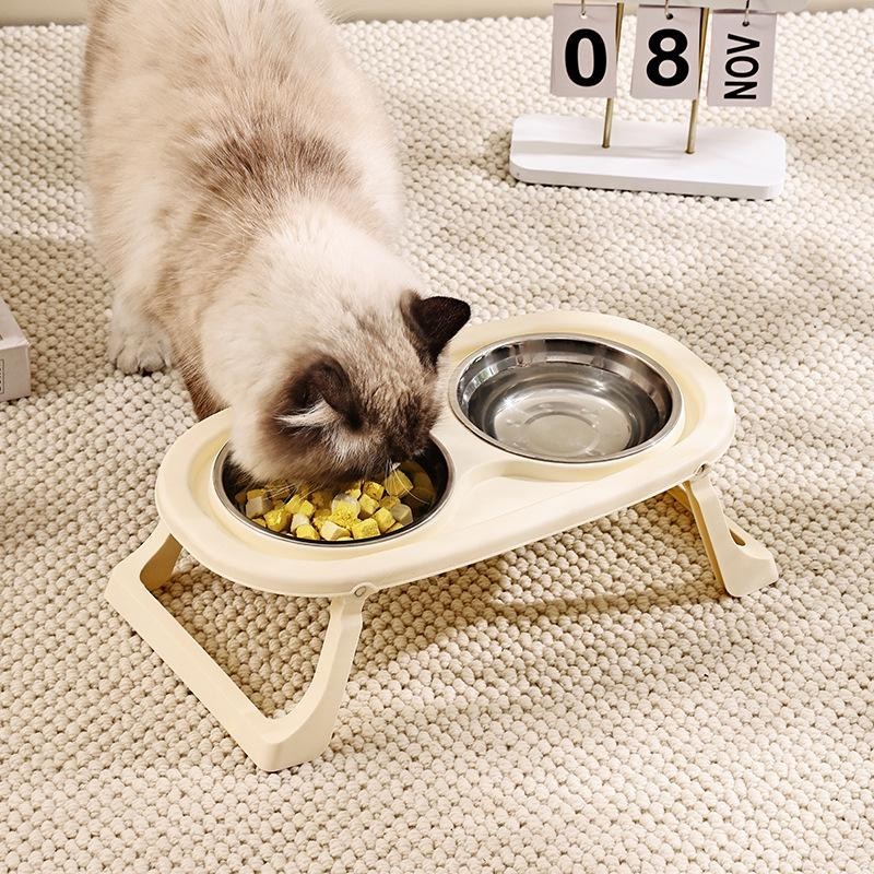 Katzenfutter- und Wassernapf aus Edelstahl mit erhöhtem, klappbarem Ständer Folding high-foot double bowl elfenbein