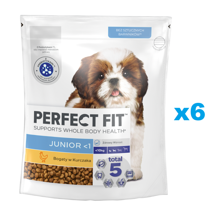 PERFECT FIT Junior 6x825g: Trockenvollnahrung mit Huhn für Welpen kleiner Rassen