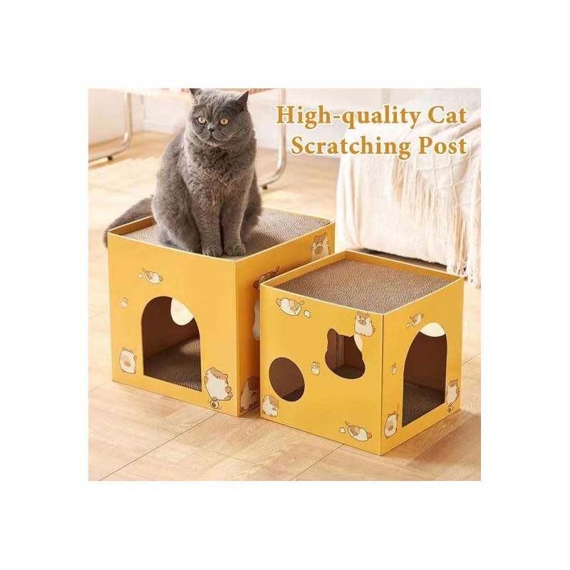 Katzenhaus aus Karton mit Kratzbrett, quadratische Katzenkratzbox aus Wellpappe, robustes Katzenspiel- und Schlafhaus für Hau