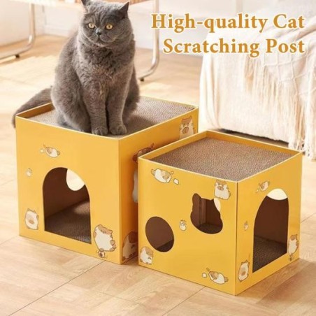 Katzenhaus aus Karton mit Kratzbrett, quadratische Katzenkratzbox aus Wellpappe, robustes Katzenspiel- und Schlafhaus für Hau
