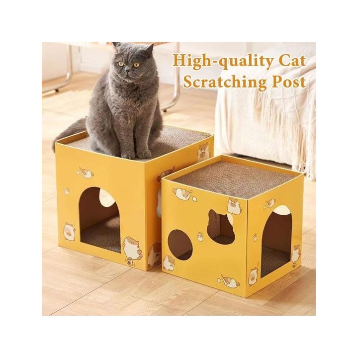 Katzenhaus aus Karton mit Kratzbrett, quadratische Katzenkratzbox aus Wellpappe, robustes Katzenspiel- und Schlafhaus für Hau