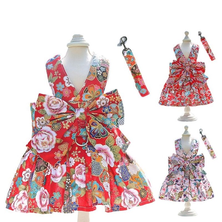 Schleife Hundegeschirr Leine Set für kleine Hunde Kleidung Geschirr Weste Chinesisches Neujahr Stil Welpe Katze Kleid Rock Ge