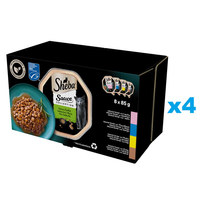 SHEBA Sauce Collection Mix 32x85 g: Nassvollnahrung für adulte Katzen mit Lachs, Thunfisch, Huhn und Ente in Sauce