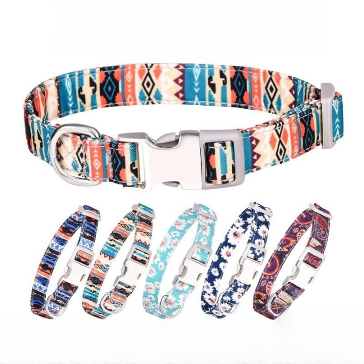 Hundehalsband mit Metallschnalle, bunte Drucke, Hundehalsband aus doppeltem Gurtband, Stoff, verstellbar, weich und strapazie