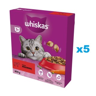 WHISKAS Adult 5x800g: Trockenvollnahrung für adulte Katzen mit leckerem Rindfleisch