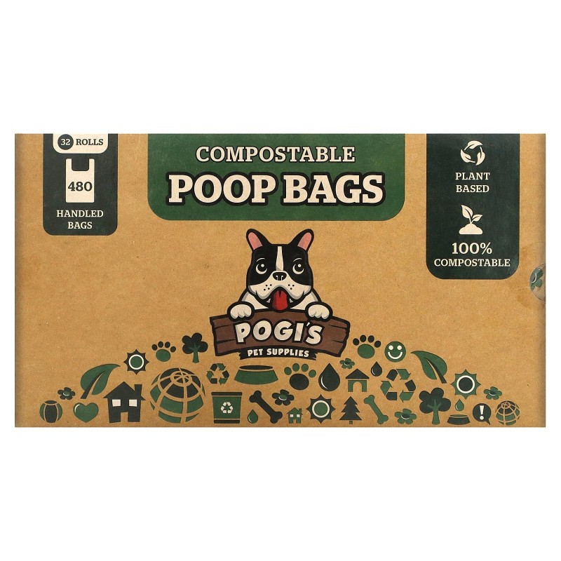 Pogi's Pet Supplies, Kompostierbare Katzenstreubeutel, 32 Rollen, 480 Beutel mit Griff