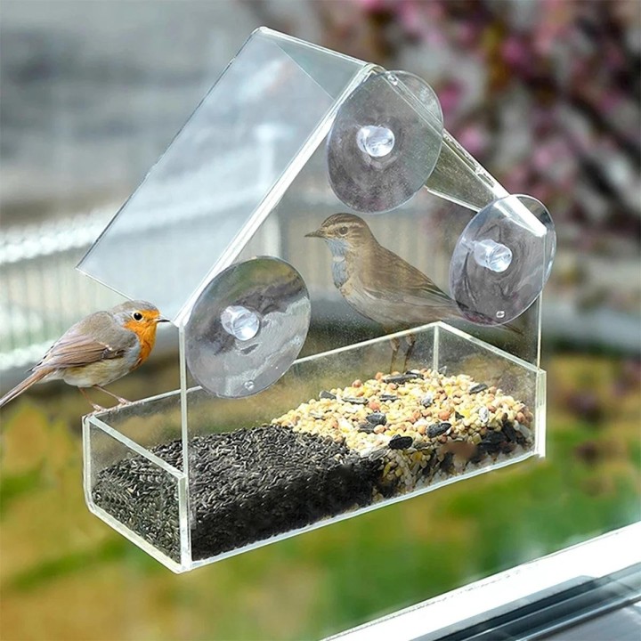 Vogelhäuschen für Fenster, transparent, abnehmbar, Saugnäpfe für den Außenbereich, verschiebbare Futterschale in Hausform, wa