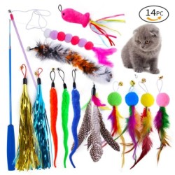 Katzenspielzeug-Set, Raupenfeder, Ersatzkopf, bunter Haarball, Quaste, einziehbare Angelrute colourful