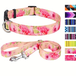 Hundehalsband und Leine im Bohemian-Stil mit Blumenmuster – verstellbar für alle Größen, Schnellverschluss, perfekt für Ihren