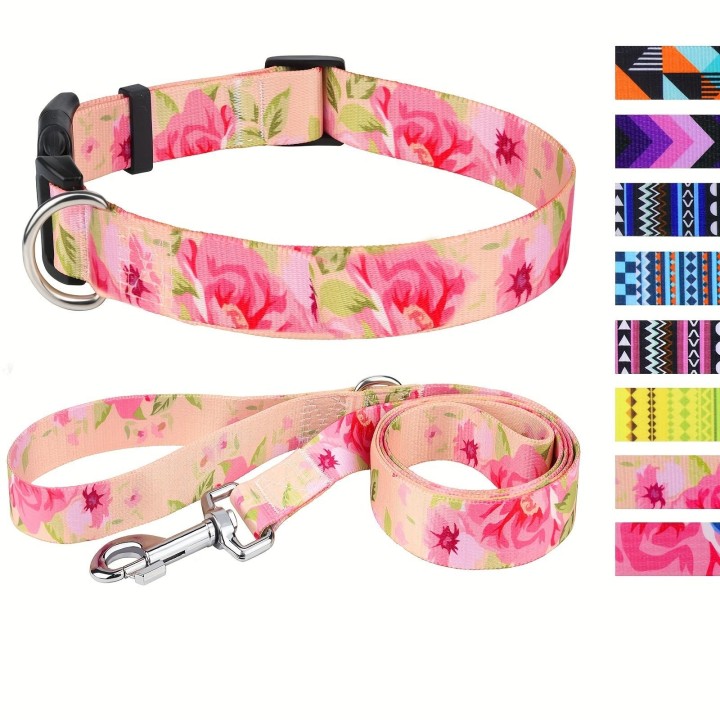 Hundehalsband und Leine im Bohemian-Stil mit Blumenmuster – verstellbar für alle Größen, Schnellverschluss, perfekt für Ihren