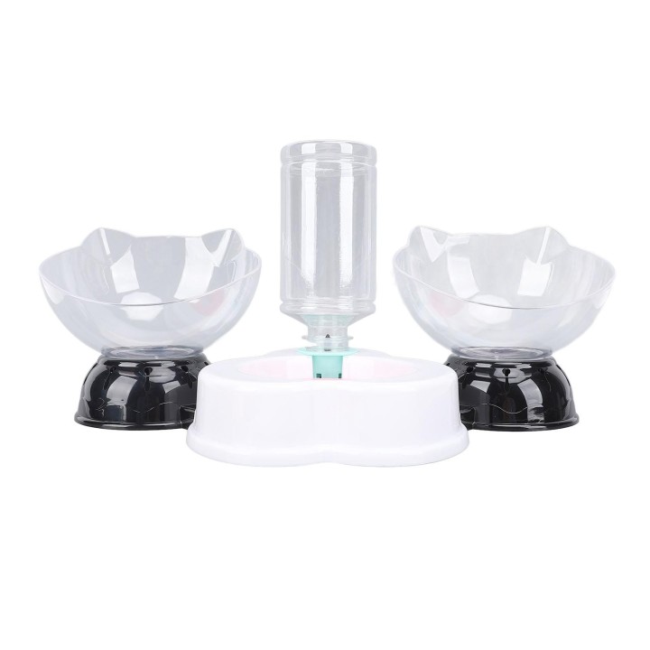 Katzenfutter- und Wassernapf-Set, Nackenschutz, 3-in-1, doppelter Katzenfutternapf und automatischer Wasserspender