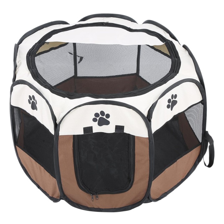 Haustier Katze Hund Tragbarer Faltbarer Käfig Übung & Spielzelt Mesh-Abdeckung Innen-/Außenbereich Kaffee weiß