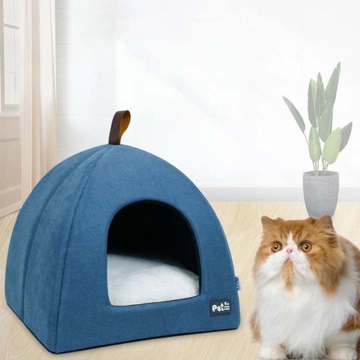 Faltbares Katzenbett, atmungsaktives Katzenhaus für den Innenbereich, Haustierzelt, Hundebett mit Matte (Blau, Größe L) S gra
