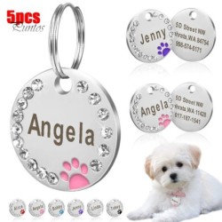 5 Stücke Haustier Hund Runde Anti-verloren Pfote Strass ID Namensschilder Ring Kragen Anhänger 5pcs schwarz