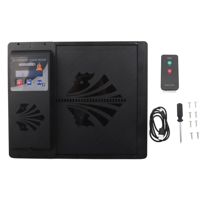 Automatischer Hühnerstalltüröffner mit USB-Anschluss, 3-in-1-Lichtsensor, Fernbedienung und Zeitsteuerung schwarz