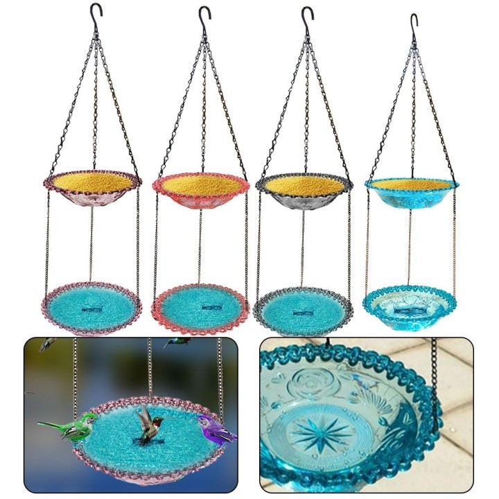 Doppelschichtiger Vogelfutterspender zum Aufhängen im Freien, Vogelbad, Garten-Vogelbadewanne, Blau/Grau/Lila/Rosa, Vogelfutt