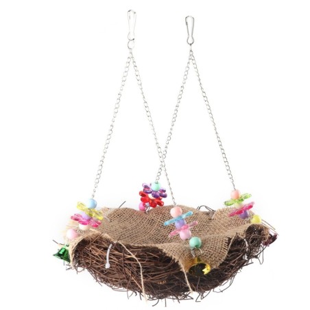 Rattan Nest Vogel Hängen Nest Spielzeug mit Glocken Vogel Schaukel Stehend Barsch Spielzeug Käfig Hängematte(S) Small