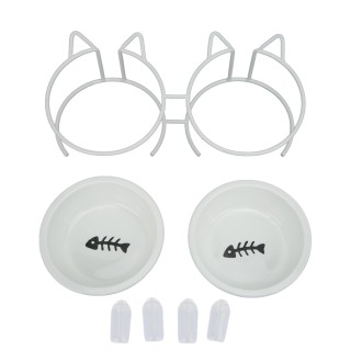 Doppelter Keramiknapf für Haustiere, doppelter erhöhter Keramiknapf für Katzen mit Metallständer und Deckel für Futter und L