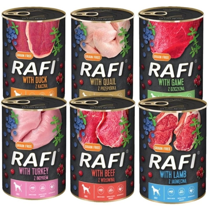 DOLINA NOTECI Rafi Premium Dosen MIX Ente, Wachtel, Wilde, Lamm, Pute 48x400g