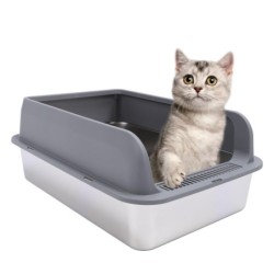 Edelstahl Katzentoilette Anti Spritzer Geruchlos Leicht zu Reinigen Hohe Seiten Halb Geschlossene Katze Large dunkelgraue