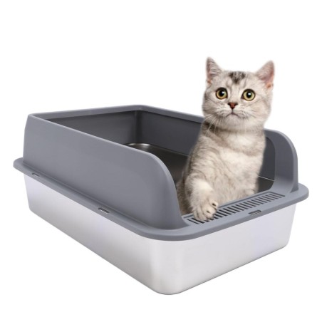 Edelstahl Katzentoilette Anti Spritzer Geruchlos Leicht zu Reinigen Hohe Seiten Halb Geschlossene Katze Large dunkelgraue