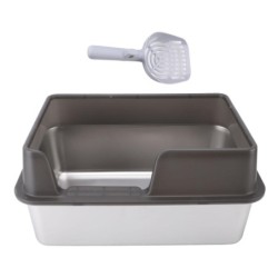 Katzentoilette aus Edelstahl, spritzwassergeschützt, groß, oben offen, hohe Seiten, Katzentoilette mit Schaufel, groß, schwar