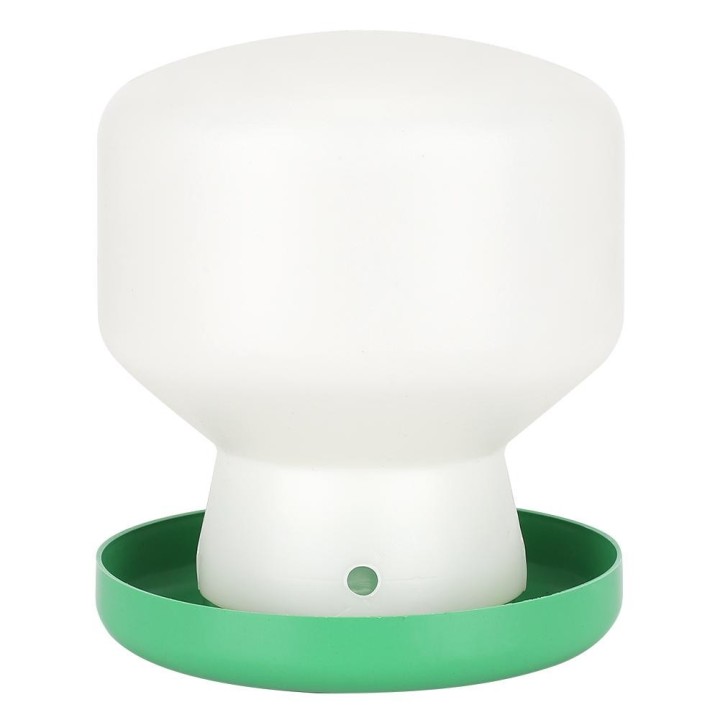 Großer automatischer Trinkbrunnen mit grüner Abdeckung und weißem Fass aus Kunststoff für Vogeltränken