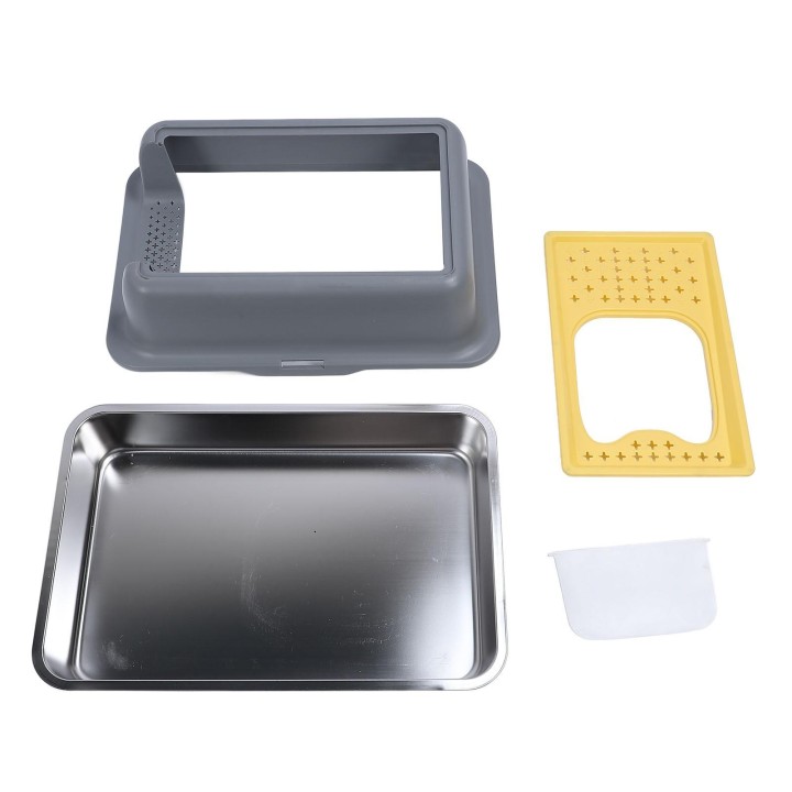 Geschlossene Katzentoilette aus Edelstahl, auslaufsicher, mit Einstieg von vorne und oben, hohe Seitenwände grau