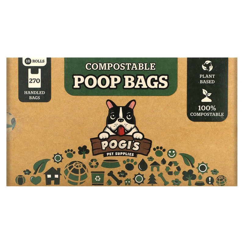 Pogi's Pet Supplies, Kompostierbare Katzenstreubeutel, 18 Rollen, 270 Beutel mit Griff
