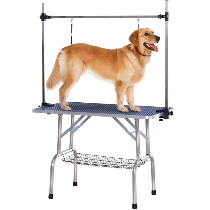 PawHut Pflegetisch höhenverstellbar mit klappbarem Unterkorb für Hunde, Edelstahl, blau, 107x60x170cm, ideal für Grooming   A
