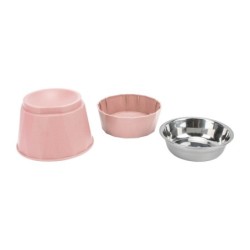 Katzennapf aus Edelstahl, erhöhter Nackenschutz, robuster Doppelnapf für Katzen und Hunde, Pink L