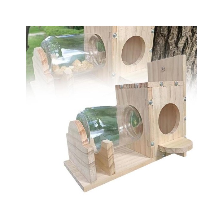 Futterspender für Eichhörnchen aus Holz mit 500 ml Fassungsvermögen, klares Glas, leicht nachzufüllen, zu reinigen, robust, w