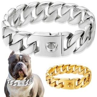 32 mm breites goldenes Hundekettenhalsband für große Hunde. Schweres, robustes Edelstahlhalsband mit kaufesten Haustierketten